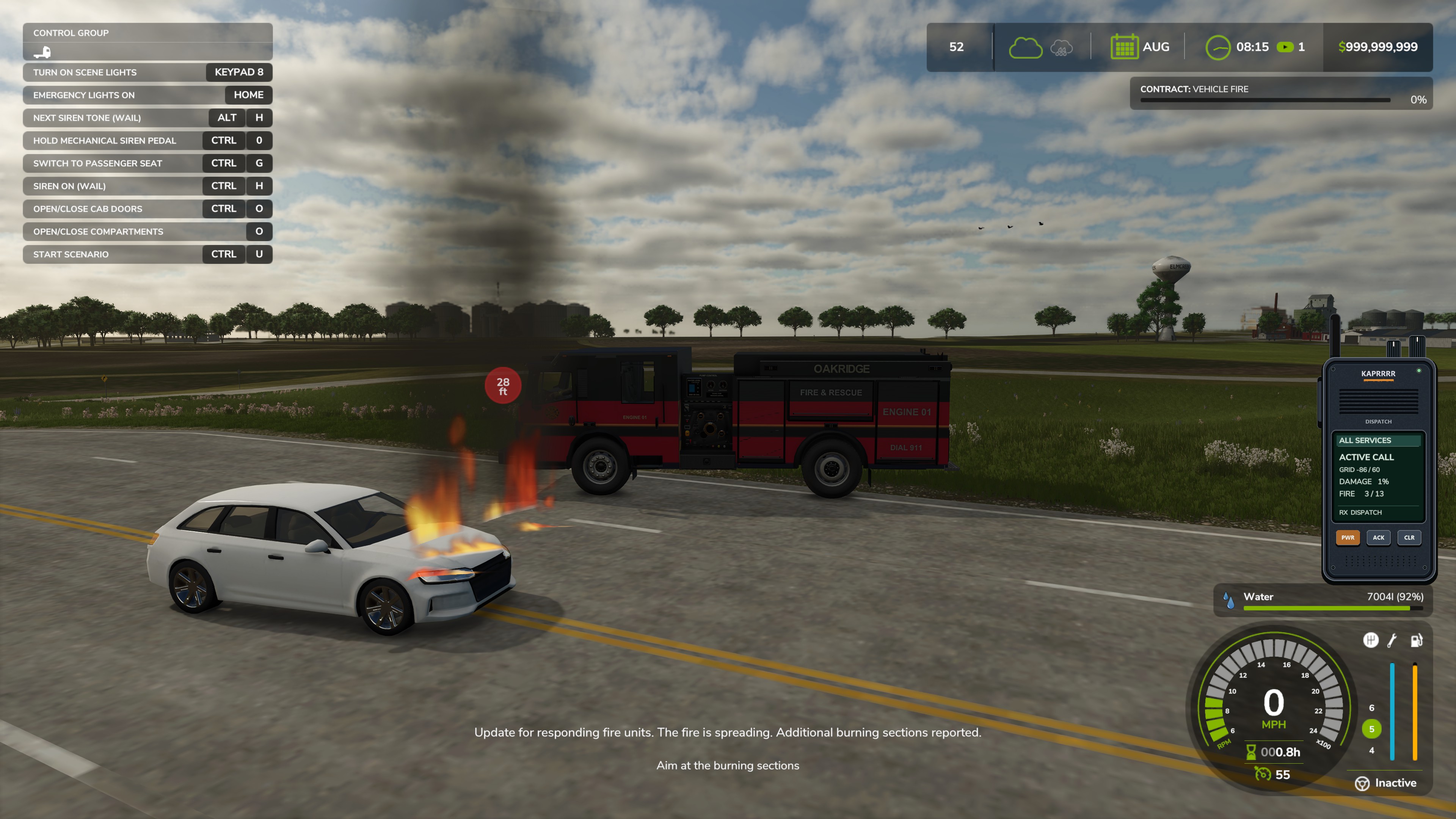 An Oakridge fire engine arriving at a roadside vehicle fire in Farming Simulator 25.
